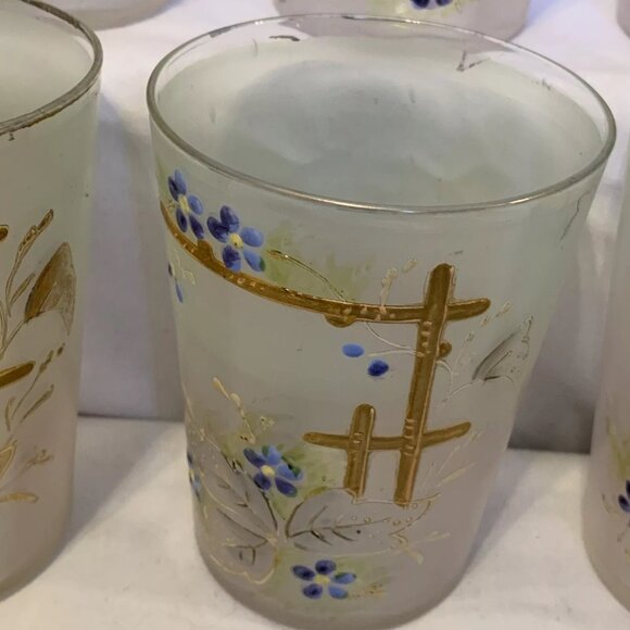 Frosted Glass Painted Juice Glasses with Flowers on a Trellis Vintage Set of 6 - Picture 6 of 12
